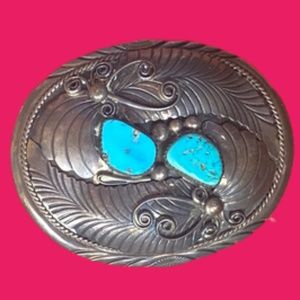 VINTAGE J. TOADLENA STERLING SILVER, TURQUOISE NAVAJO BELT BUCKLE